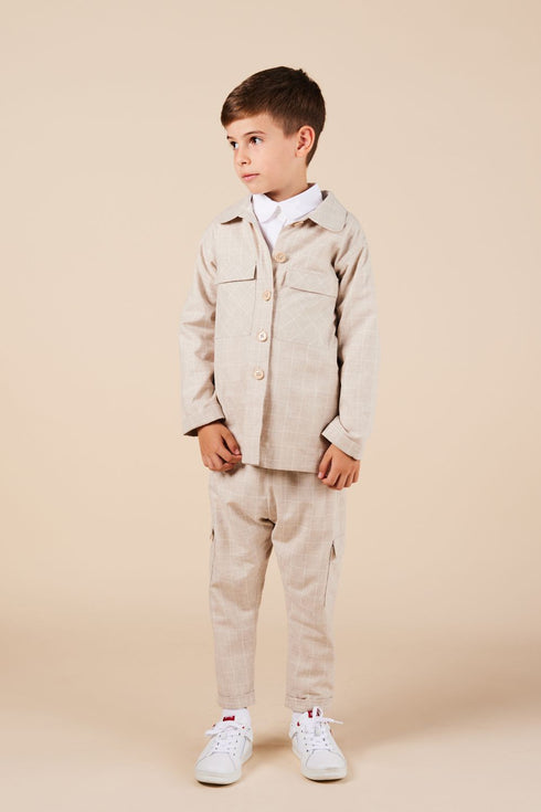 CHAQUETA CUADROS BEIGE CUELLO REDONDO Y BOLSILLOS